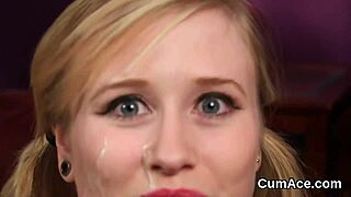 Hey, watch this stunner swallow every cum load from the blowbang facials