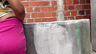 Bricklayer Pounds Young Latina During Work Break