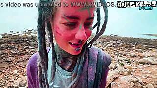 Petite goth punk's public deepthroat blowjob ends in huge facial cumshot