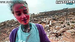 Petite goth punk's public deepthroat blowjob ends in huge facial cumshot