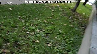 A skinny chick's tight holes get pounded in public park