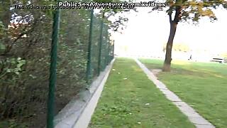 A skinny chick's tight holes get pounded in public park