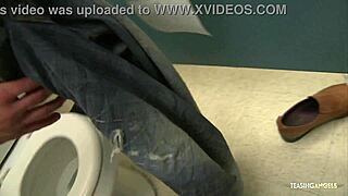 Blondie Bent Over Sucking Hunk's Cock in Public Bathroom Fuck