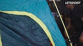 hot brunette babes take dirty anal from bbc in cramped tent with roommates watching