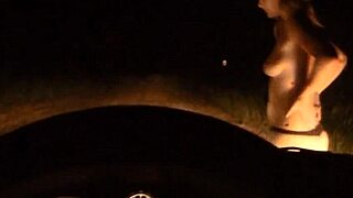 Blonde teen wife flashes hairy pussy outdoors, then rides big cock naked while camping wild.