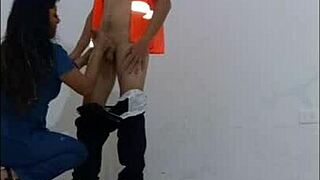 hospital janitor seduced by nurse slips on condom for standing hallway sex