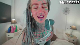 heavily tattooed girl fucks herself hard with big toy solo