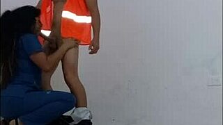 hospital janitor seduced by nurse slips on condom for standing hallway sex