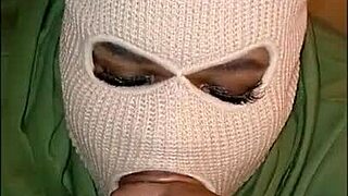 masked brunette gags on huge black cock in sloppy interracial deepthroat cum facial