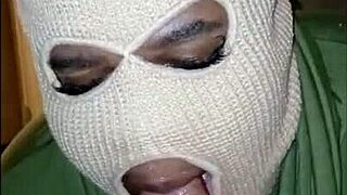 masked brunette gags on huge black cock in sloppy interracial deepthroat cum facial