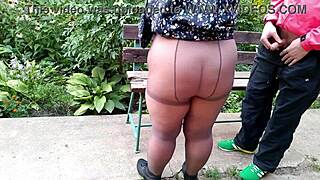 your slutty mother-in-law in pantyhose begs for my hot piss golden shower on her fat pussy outdoors