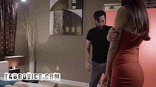 Cheating Husband Ravishes Busty Brunette Mistress with Doggystyle and Cowgirl Beside Sleeping Wife.