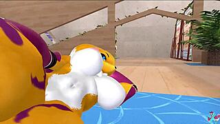 Renamon stretches her furry body in steamy NSFW workout rhythm