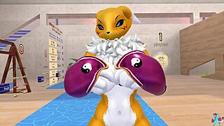 Renamon stretches her furry body in steamy NSFW workout rhythm