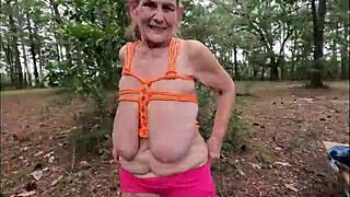 Bound British Granny's Saggy Tits and Trimmed Pussy Flash Outdoor in Silk Harness!