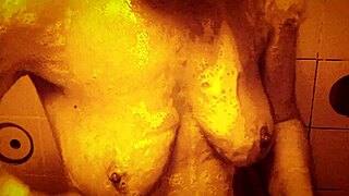 milf's wet nipples glisten in sexy slow mo shower massage, wanna join?