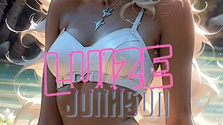 blonde with piercing blue eyes teases her curves closeup