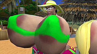 two lucky guys feast on plump bbw's huge hooters with titty fuck cowgirl and cumshots at beach party