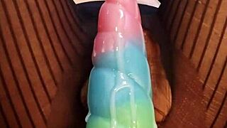 bad dragon dildo stretches hairy pussy close up wet delights babe rides monster cock toy hard 💦😈