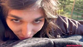 All-natural petite teen 18+ aggressively sucks boyfriend's cock in forest woods and swallows thick cum