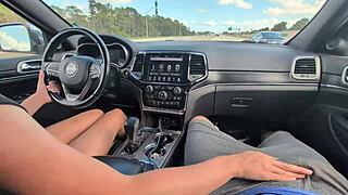 Messy handjob from horny girlfriend turns into huge cumshot while driving 🚗💦