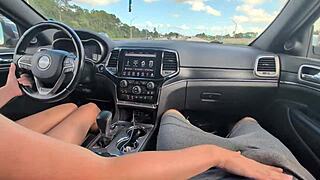 Messy handjob from horny girlfriend turns into huge cumshot while driving 🚗💦
