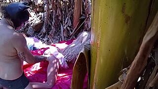 ruivinha latina stuffs ass with dildo outdoors publicly