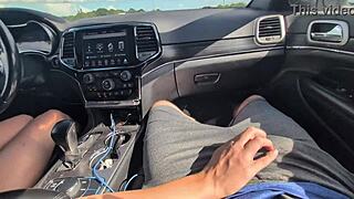 Messy handjob from horny girlfriend turns into huge cumshot while driving 🚗💦