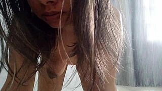 Latina brunette spreads big pussy lips close-up squirting juicy creampie moans.