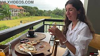 Cum on my face while eating pizza in public cafe? Watch me swallow that mouthful outdoor!
