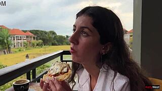 Cum on my face while eating pizza in public cafe? Watch me swallow that mouthful outdoor!
