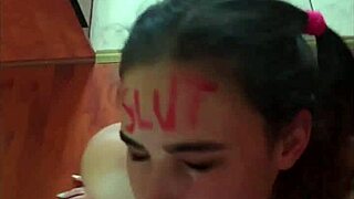 Slut scribbles sucking cock in lipstick before face fuck