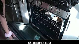 in the kitchen she drops to knees for deepthroat blowjob fantasy