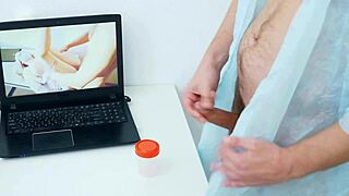 Female doctor massages prostate with gloves for patient orgasm and cum