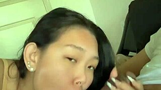 asian babe starts my day with sloppy morning blowjob handjob and huge cumshot
