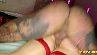 horny brunette in red stockings slurps cock then rides for raunchy creampie cumshot