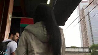 jacket and boots tease on crowded train hidden candid thrills