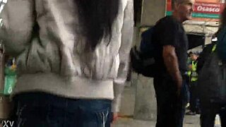 jacket and boots tease on crowded train hidden candid thrills