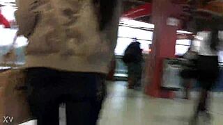 jacket and boots tease on crowded train hidden candid thrills
