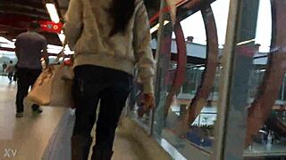 jacket and boots tease on crowded train hidden candid thrills