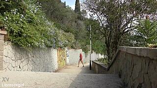 hey imagine stripes flashing her shaved pussy naked on barcelona streets