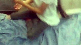skinny stepdaughter strips tiny tits for daddy handjob and back ride