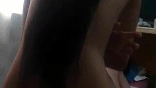 skinny stepdaughter strips tiny tits for daddy handjob and back ride