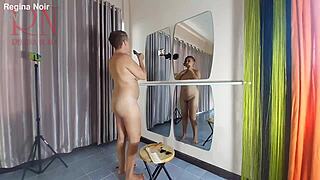 naked nudist stylist regina noir trims shaved pussy on beach