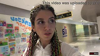 crazy brunette teen flashes tits then gulps cum after public mall toilet blowjob