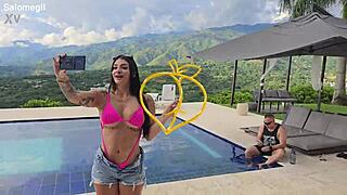 salome gil starts innocent at the pool photoshoot, but soon strips for the spanish photographer's steamy milf sex session