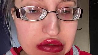 Giantess with huge lips and glasses smothers you with snickers bar fetish!
