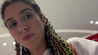 crazy brunette teen flashes tits then gulps cum after public mall toilet blowjob