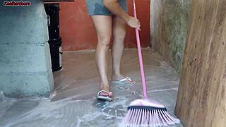 Wife's gone! Hot maid grabs my cock and stuffs it in her yard pussy!