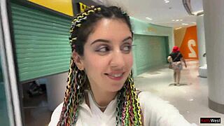 crazy brunette teen flashes tits then gulps cum after public mall toilet blowjob